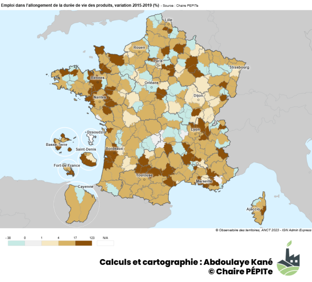 Emploi dans l’allongement de la durée de vie des produits, variation 2015 2019 (%)