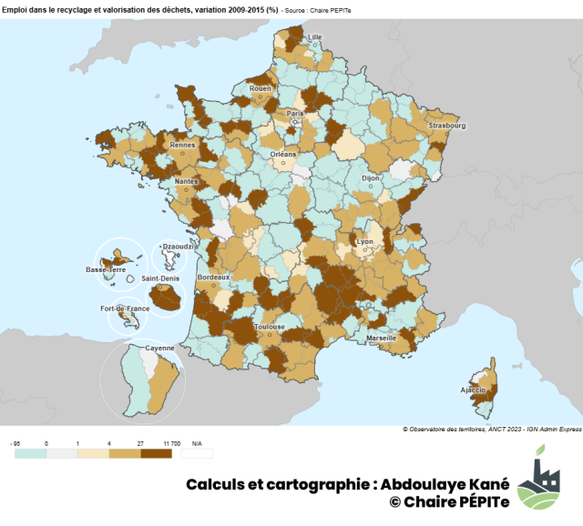 Emploi dans le recyclage et valorisation des déchets, variation 2009 2015 (%)