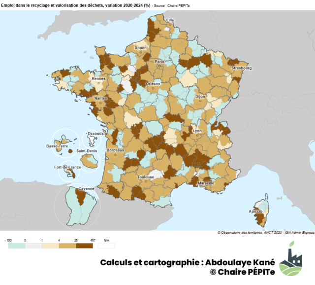 Emploi dans le recyclage et valorisation des déchets, variation 2020 2024 (%)