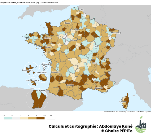 Emploi circulaire, variation 2015 2019 (%)